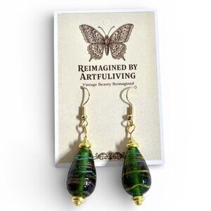 REIMAGINED Handmade Green Lampwork Glass Teardrop Earrings Gold Plated 1.5”
